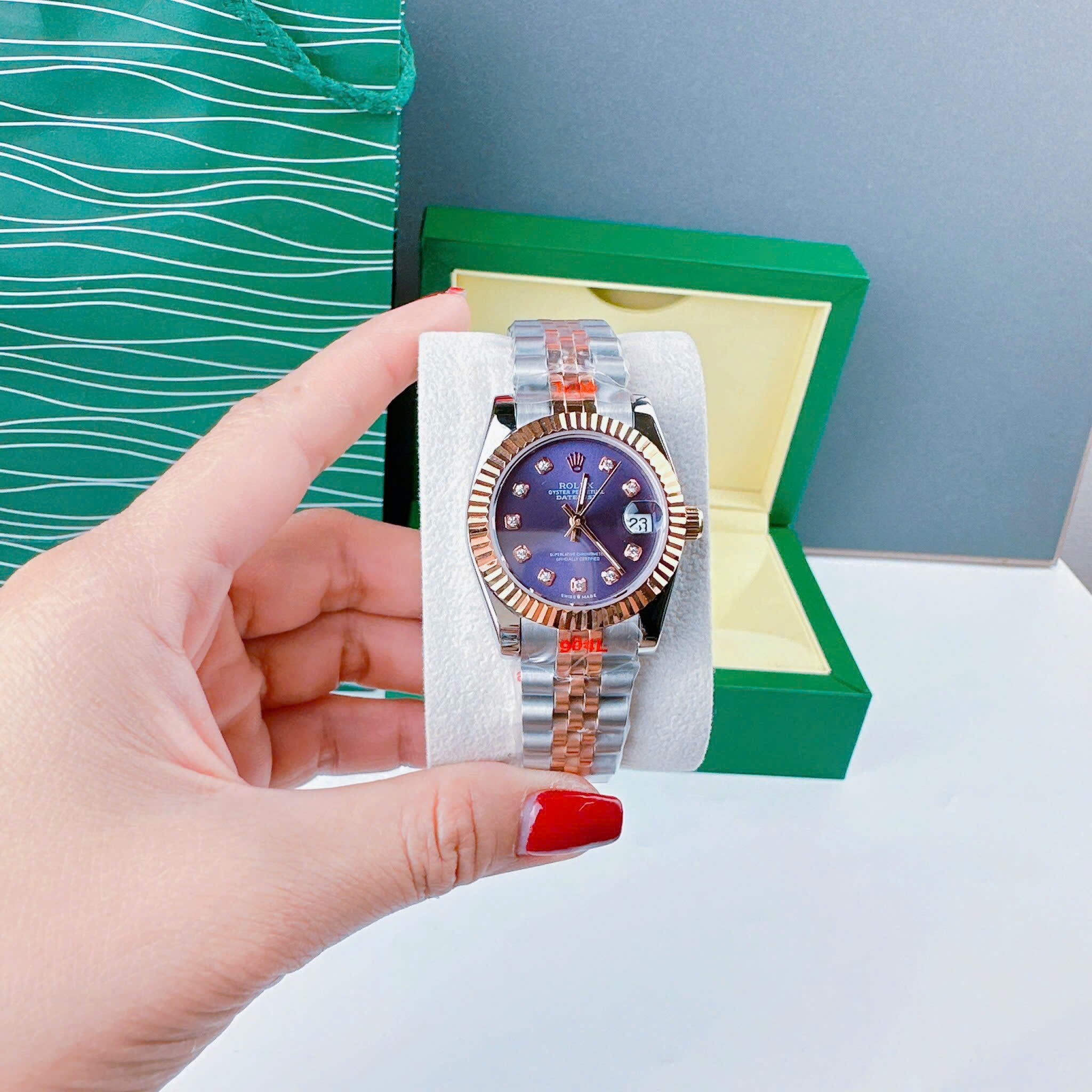 Đồng Hồ Rolex Niềng Khía |Nữ Giới |Xanh Dương |Dây Kim Loại Demi Rose Gold |Máy Pin (Máy Quartz) |Size 31mm |donghogiatot.vn