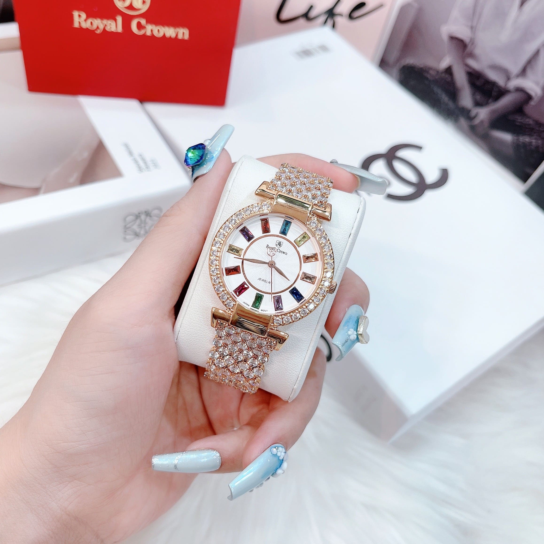 Đồng Hồ Royal Crown Đính Đá Nhiều Màu |Nữ Giới |Dây Kim Loại Rose Gold |Máy Pin (Quartz) |Size 36mm |donghogaitot.vn