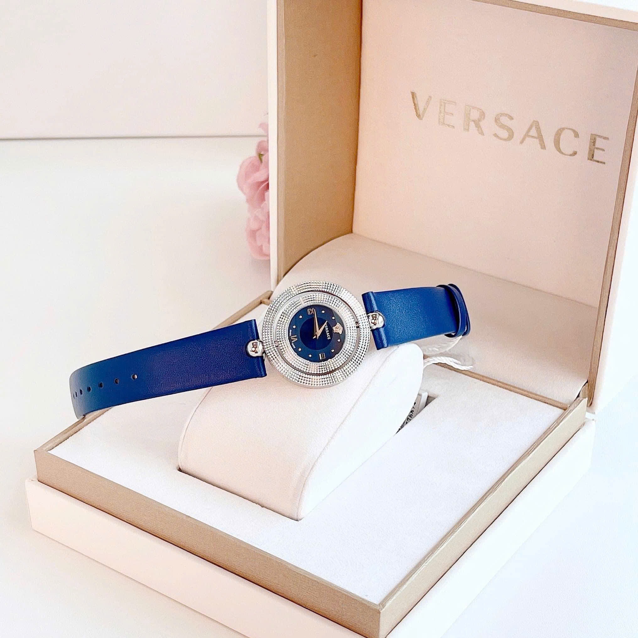 Đồng Hồ Versace Eon Mặt Xoay |Nữ Giới |Silver |Dây Da Xanh Dương |Máy Pin (Quartz) |Size 33mm |donghogiatot.vn