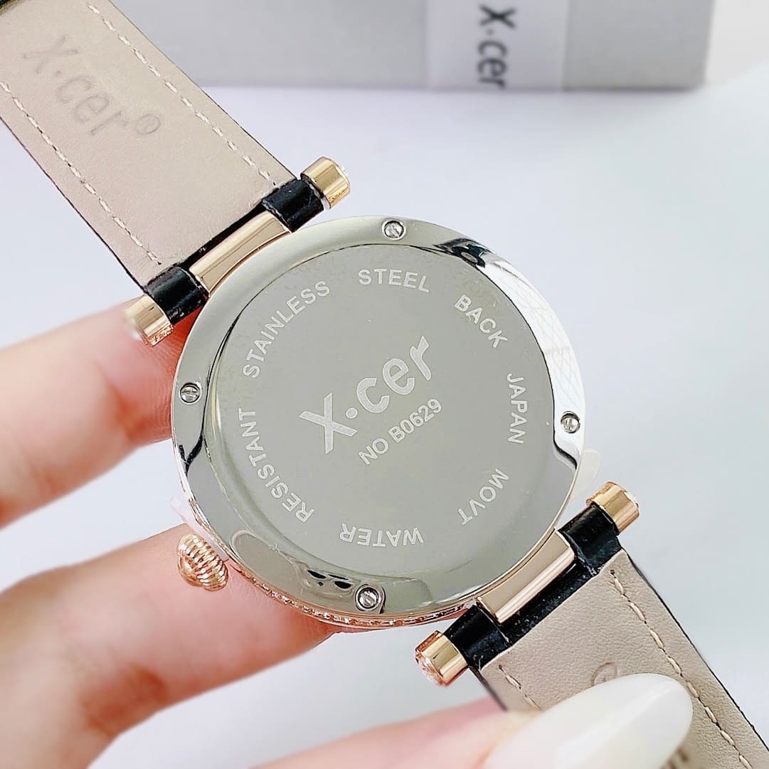 Đồng Hồ Xcer Đính Pha Lê |Nữ Giới |Mặt Tròn |Rose Gold |Dây Da Đen |Pin (Máy Quartz) |Size 35mm |donghogiatot.vn