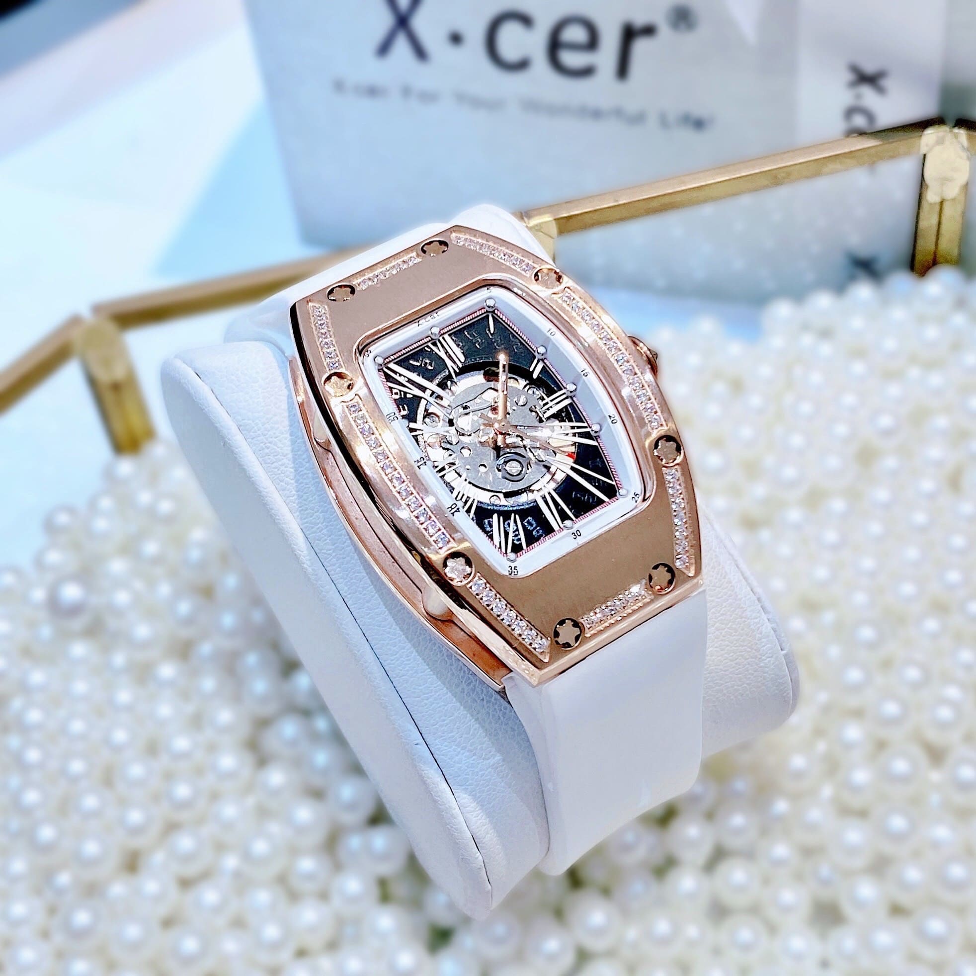 Đồng Hồ Xcer Lộ Cơ |Nữ Giới |Mặt Đính Đá |Rose Gold |Dây Silicone Trắng |Máy Tự Động (Automatic) |Size 36mm |donghogiatot.vn
