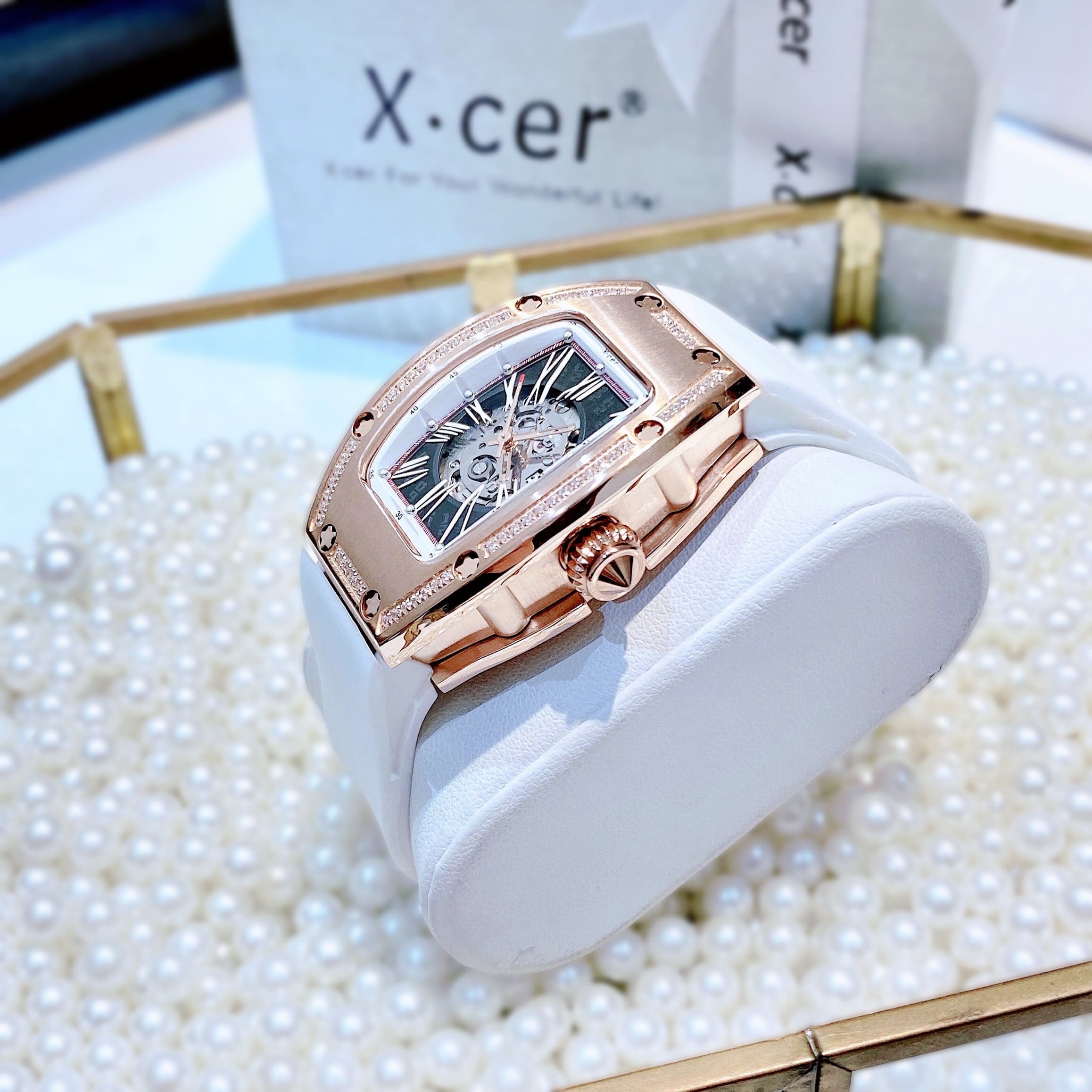 Đồng Hồ Xcer Lộ Cơ |Nữ Giới |Mặt Đính Đá |Rose Gold |Dây Silicone Trắng |Máy Tự Động (Automatic) |Size 36mm |donghogiatot.vn