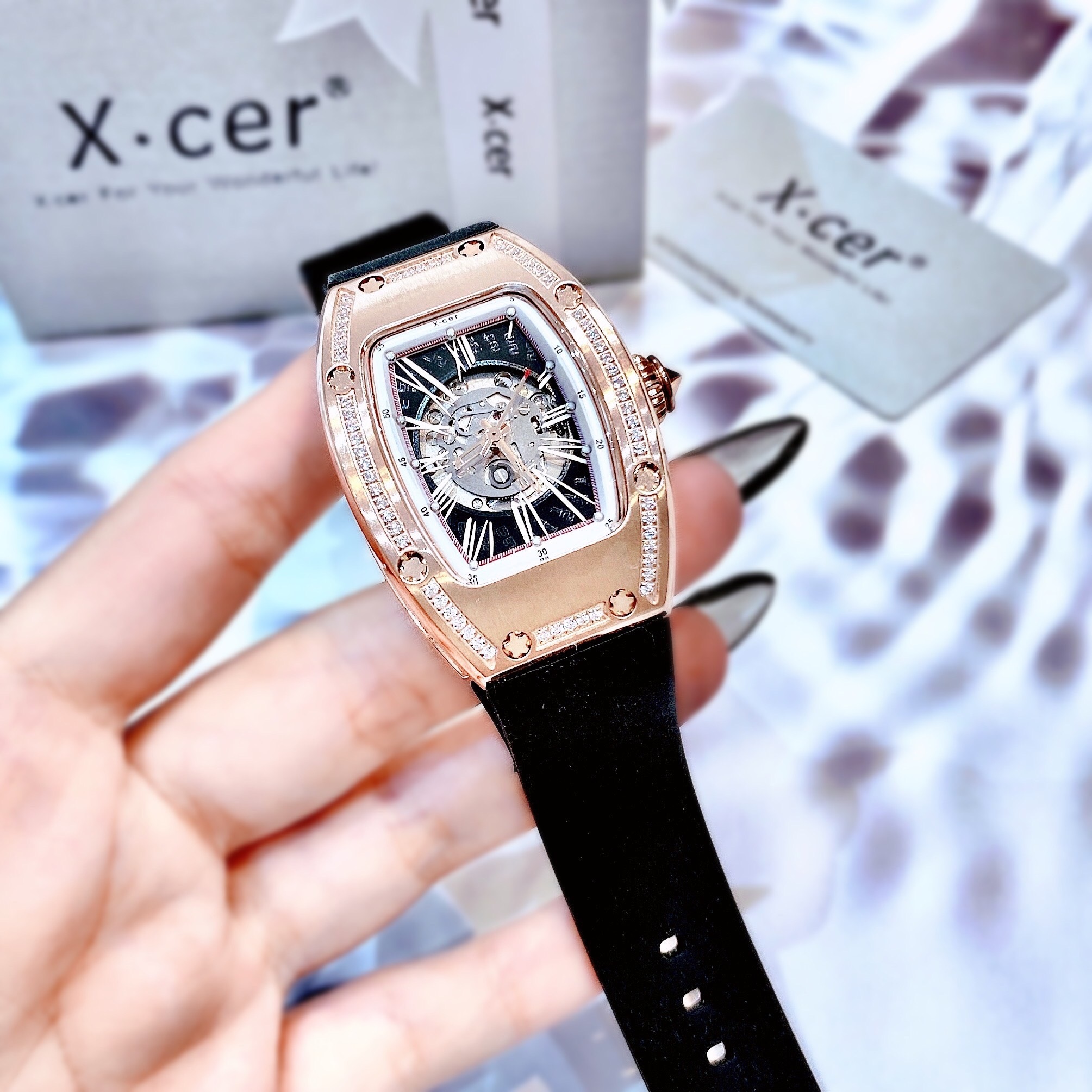 Đồng Hồ Xcer Lộ Cơ Skeleton |Nữ Giới |Rose Gold |Dây Silicone Đen |Máy Tự Động (Automatic) |Size 36mm |donghogiatot.vn