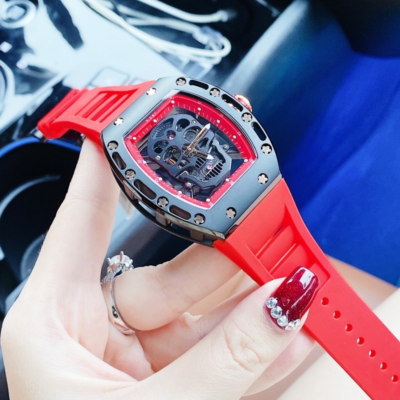 Đồng Hồ Xcer Lộ Máy |Nam Giới |Mặt Oval |Full Đen |Dây Silicone Đỏ |Máy Pin (Quartz) |Size 42mm |donghogiatot.vn