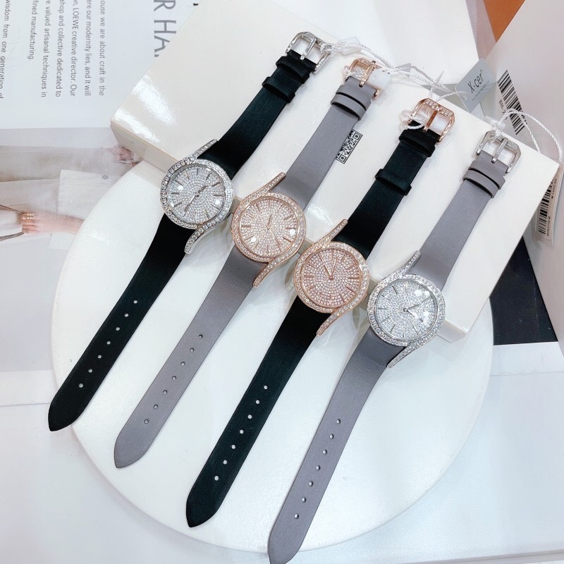 Đồng Hồ Xcer Mặt Chữ S |Nữ Giới |Full Đá |Silver |Dây Da Satin Đen |Máy Pin (Quartz) |Size 32mm |donghogiatot.vn