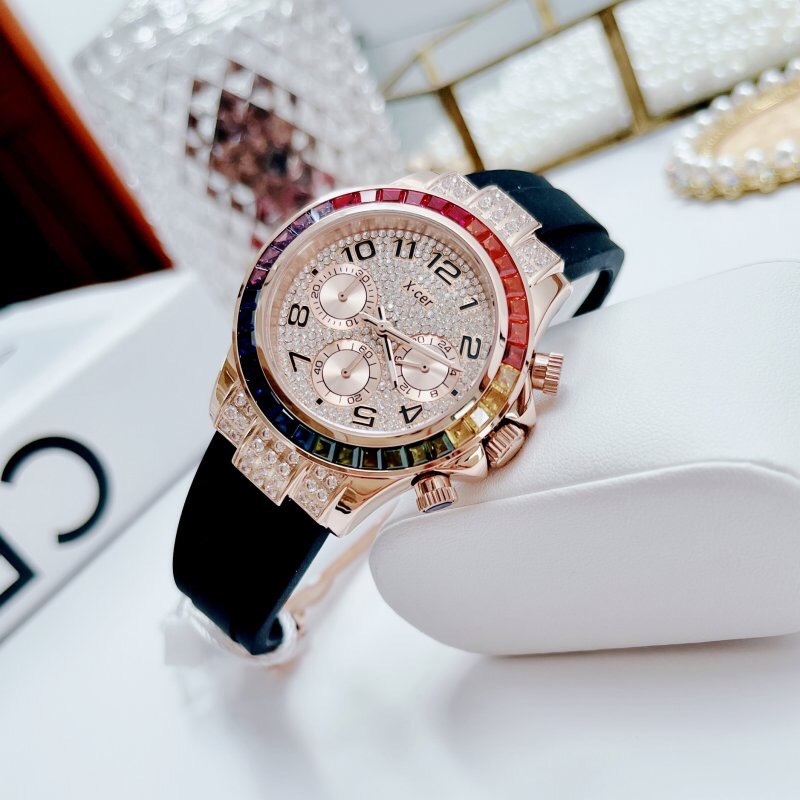 Đồng Hồ Xcer Rainbow |Nữ Giới |Đính Đá Rose Gold |Dây Silicone Đen |Máy Pin (Quartz) |Size 38mm |donghogiatot.vn
