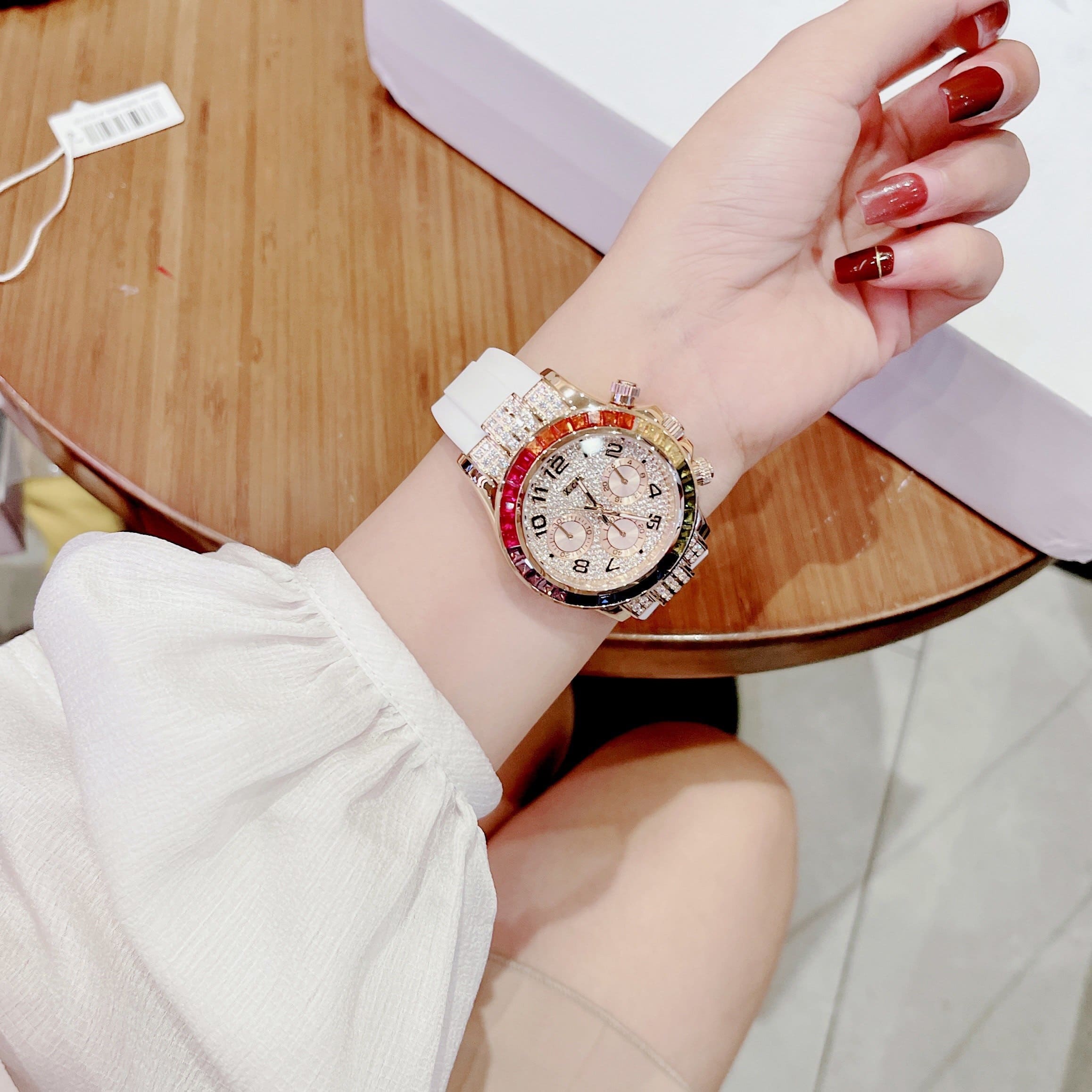 Đồng Hồ Xcer Rainbow |Nữ Giới |Full Đá Rose Gold |Dây Silicone Trắng |Máy Pin (Quartz) |Size 38mm |donghogiatot.vn