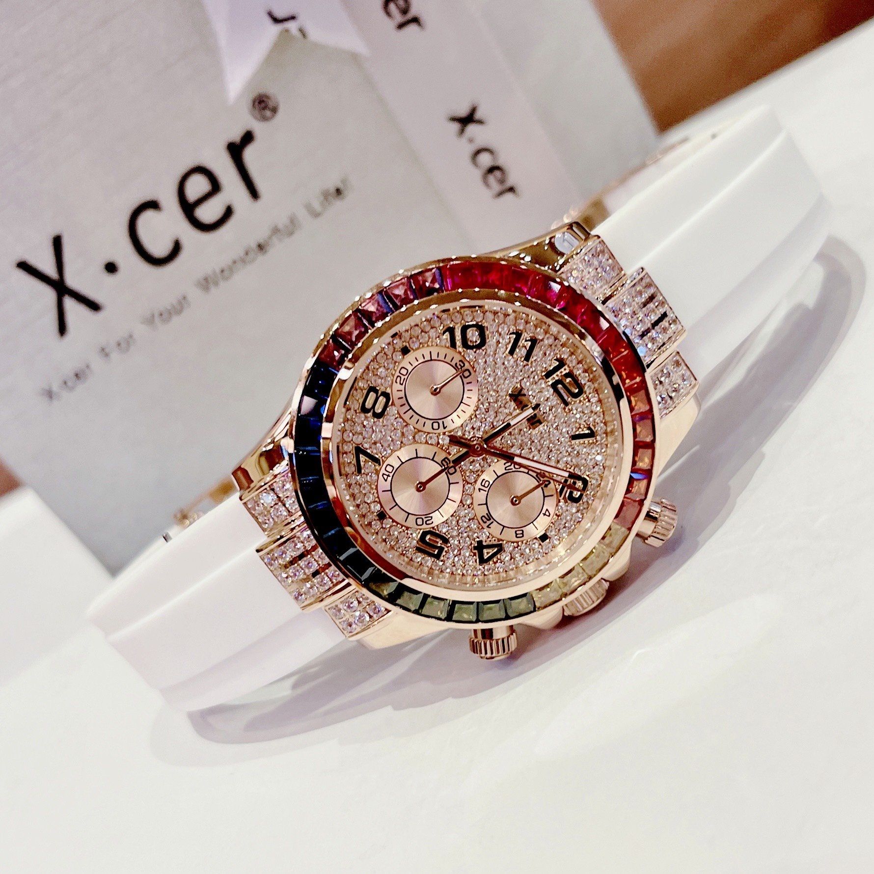 Đồng Hồ Xcer Rainbow |Nữ Giới |Full Đá Rose Gold |Dây Silicone Trắng |Máy Pin (Quartz) |Size 38mm |donghogiatot.vn