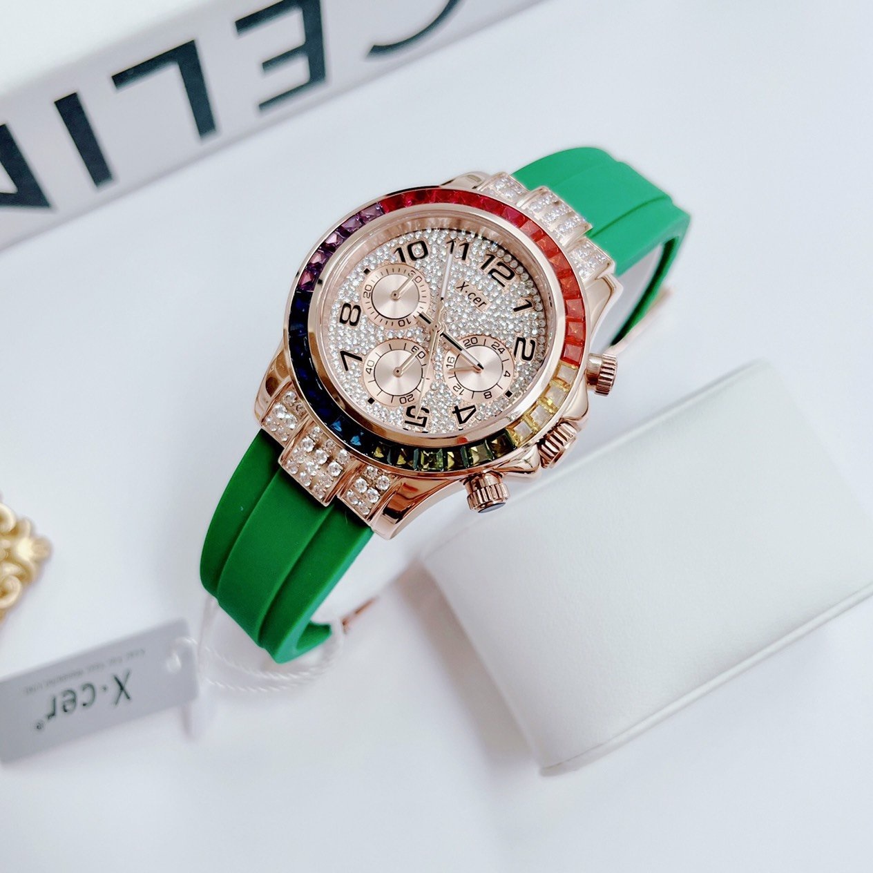 Đồng Hồ Xcer Rainbow |Nữ Giới |Đính Đá Rose Gold |Dây Silicone Xanh Lá |Máy Pin (Quartz) |Size 38mm |donghogiatot.vn