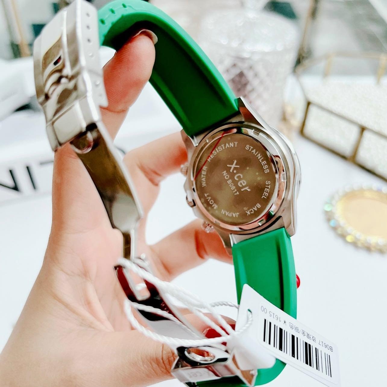 Đồng Hồ Xcer Rainbow |Nữ Giới |Đính Đá Rose Gold |Dây Silicone Xanh Lá |Máy Pin (Quartz) |Size 38mm |donghogiatot.vn
