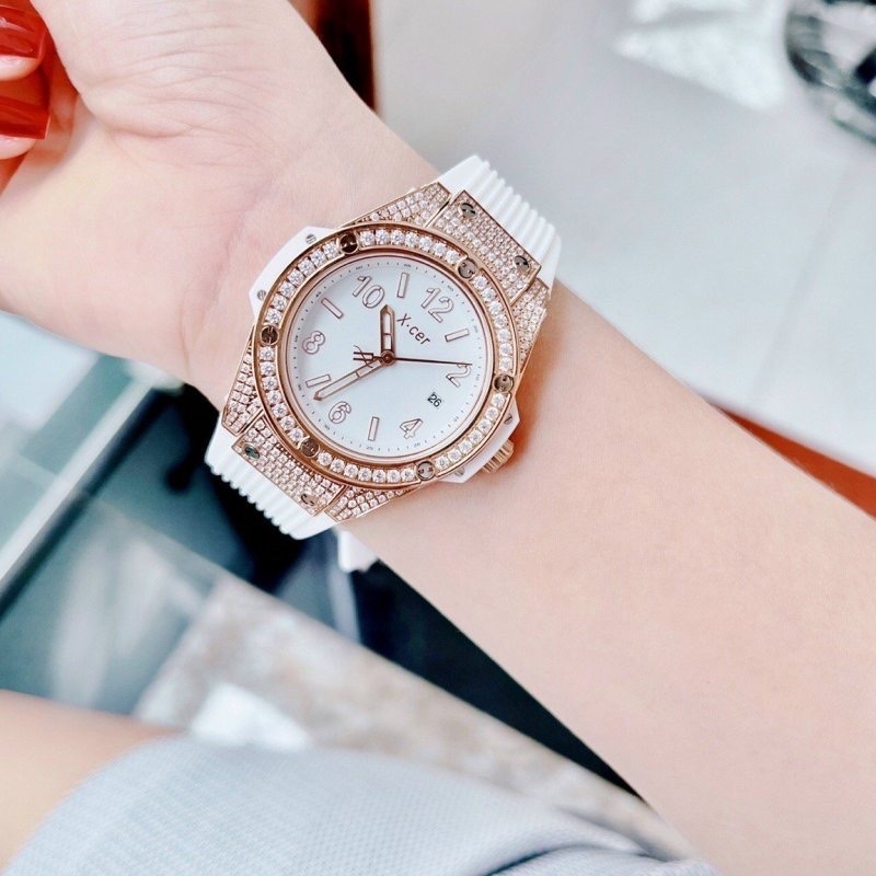 Đồng Hồ Xcer Tựa Hublot |Nữ Giới |ĐÍnh Đá Rose Gold |Dây Silicone Trắng |Máy Pin (Quartz) |Size 36mm |donghogiatot.vn