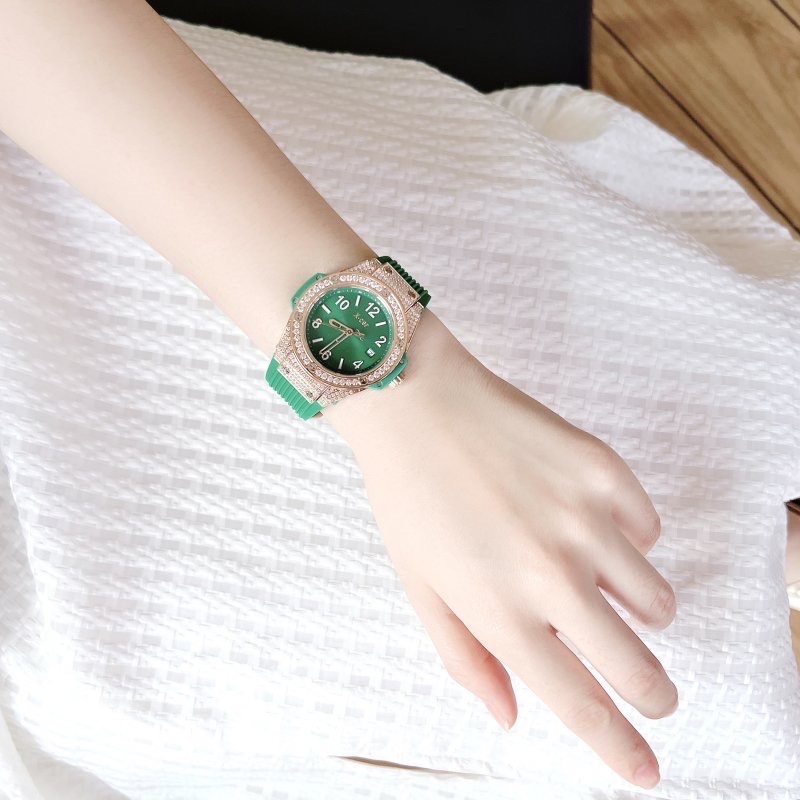 Đồng Hồ Xcer Tựa Hublot |Nữ Giới |Đính Đá Rose Gold |Dây Silicone Xanh Lá |Máy Pin (Quartz) |Size 36mm |donghogiatot.vn