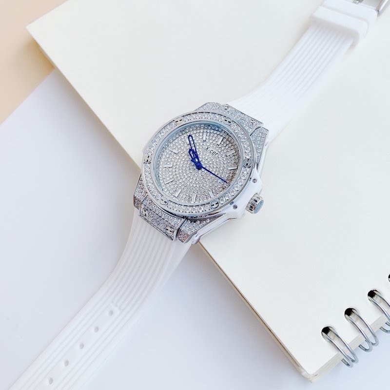 Đồng Hồ Xcer Tựa Hublot |Nữ Giới |Full Đá Silver |Dây Cao Su Trắng |Máy Pin (Quartz) |Size 34mm |donghogiatot.vn 