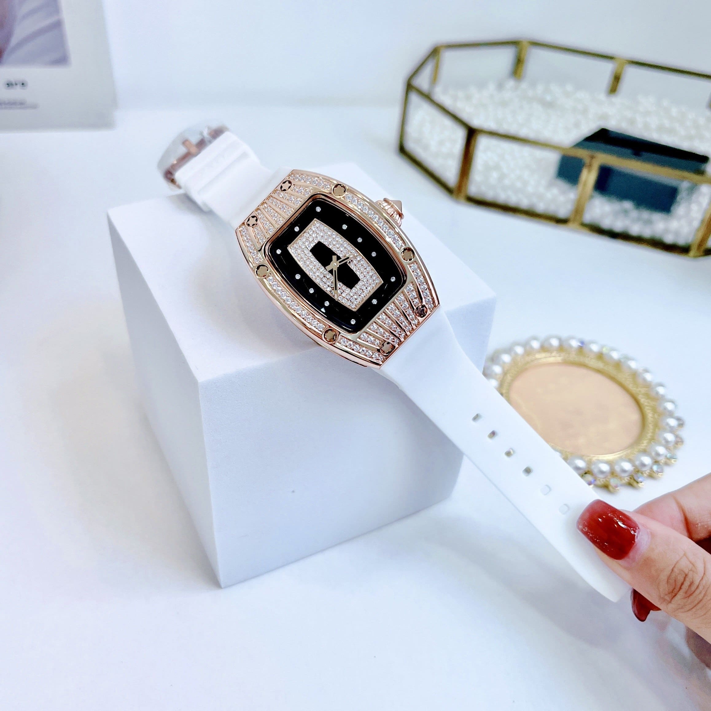 Đồng Hồ Xcer Tựa Richard Mille |Nữ Giới |Đính Đá |Rose Gold |Dây Silicone Trắng |Máy Pin (Quartz) |Size 36mm |donghogiatot.vn
