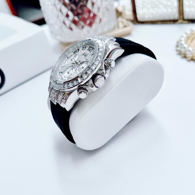 Đồng Hồ Xcer Tựa Rolex |Nữ Giới |Full Đá Silver |Dây Silicone Đen |Máy Pin (Quartz) |Size 38mm |donghogiatot.vn