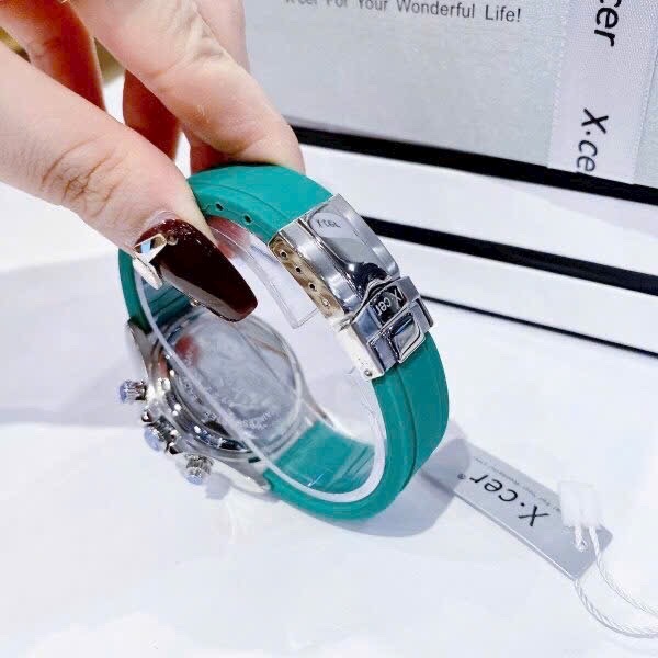 Đồng Hồ Xcer Tựa Rolex |Nữ Giới |Full Đá Silver |Dây Silicone Xanh Lá |Máy Pin (Quartz) |Size 38mm |donghogiatot.vn