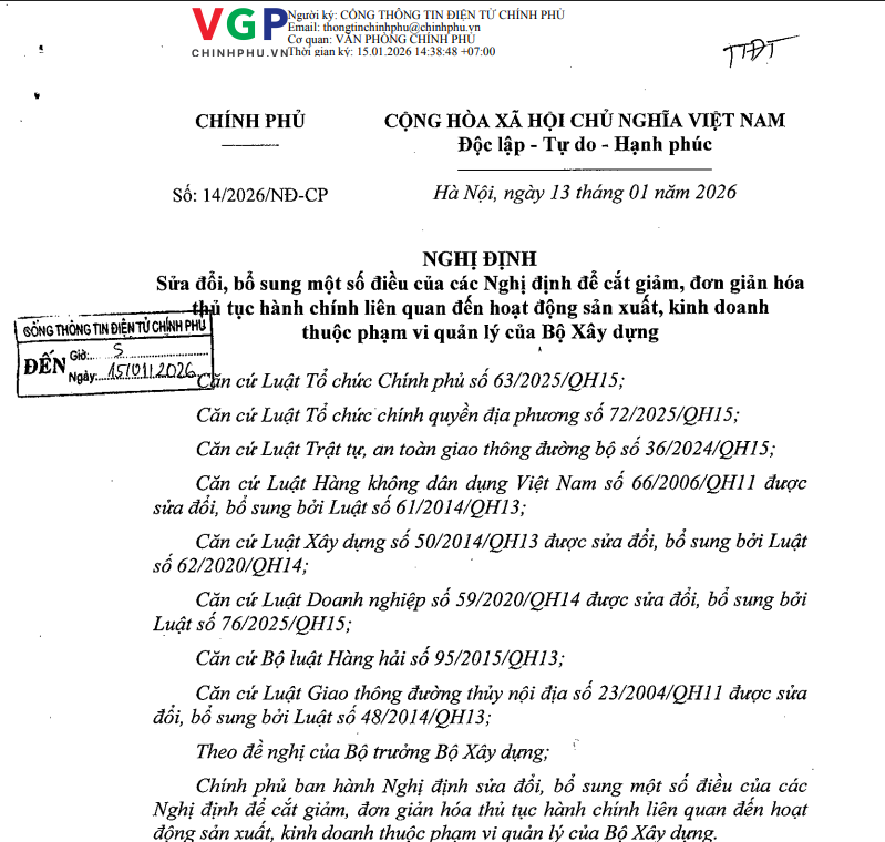 Nghị định 14/2026/NĐ-CP – Cắt giảm thủ tục, mở đường cho sản xuất kinh doanh và đổi mới quản lý ngành Xây dựng