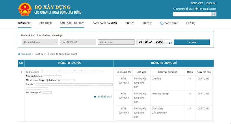  Chứng chỉ năng lực xây dựng các hạng có giá trị hiệu lực thi hành lên đến 10 năm