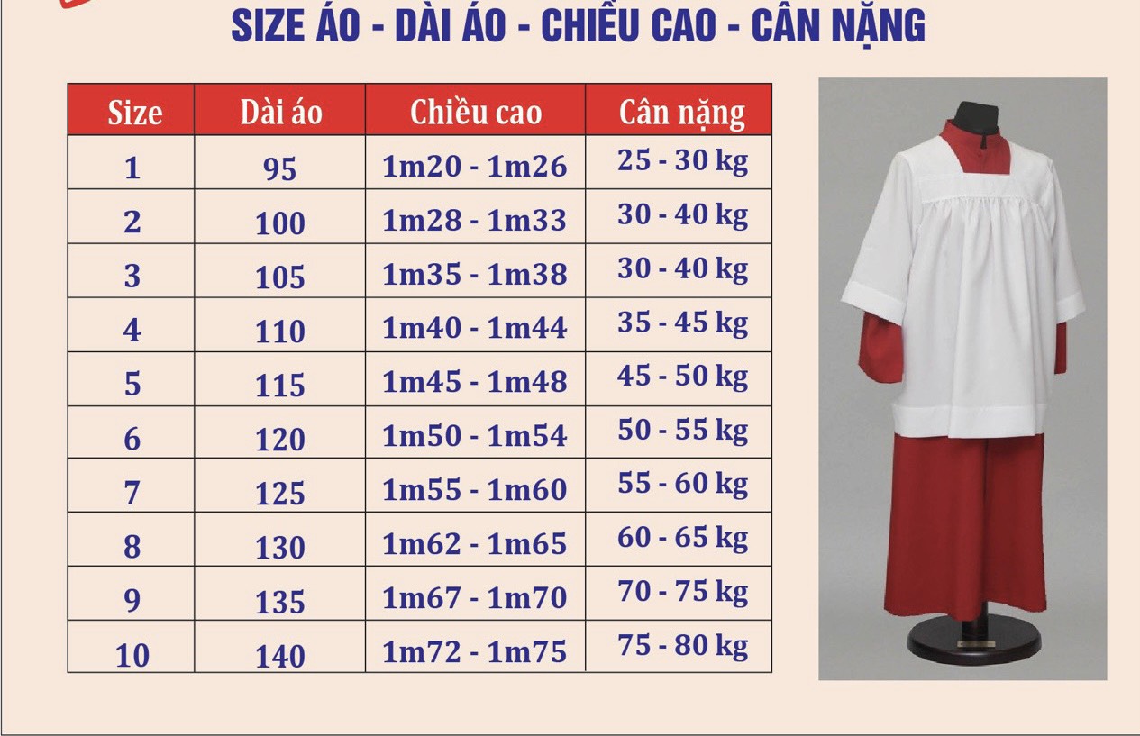 BẢNG SIZE ÁO GIÚP LỄ