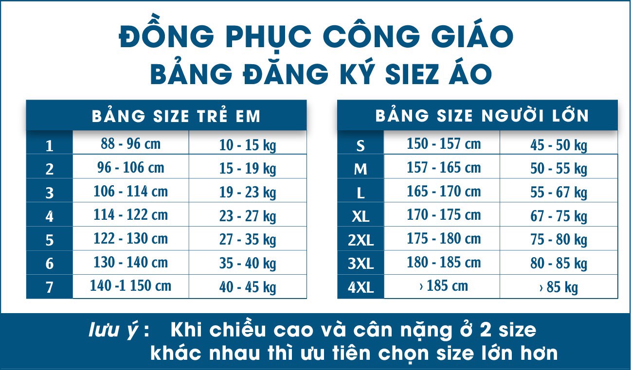 BẢNG SIZE ÁO THUN ĐỒNG PHỤC