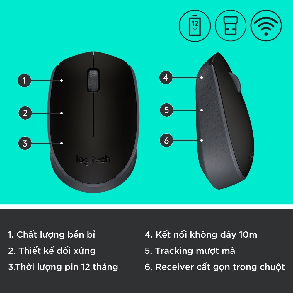 Chuột không dây Logitech B170 - USB, nhỏ gọn, thuận cả 2 tay, phù hợp PC/Laptop