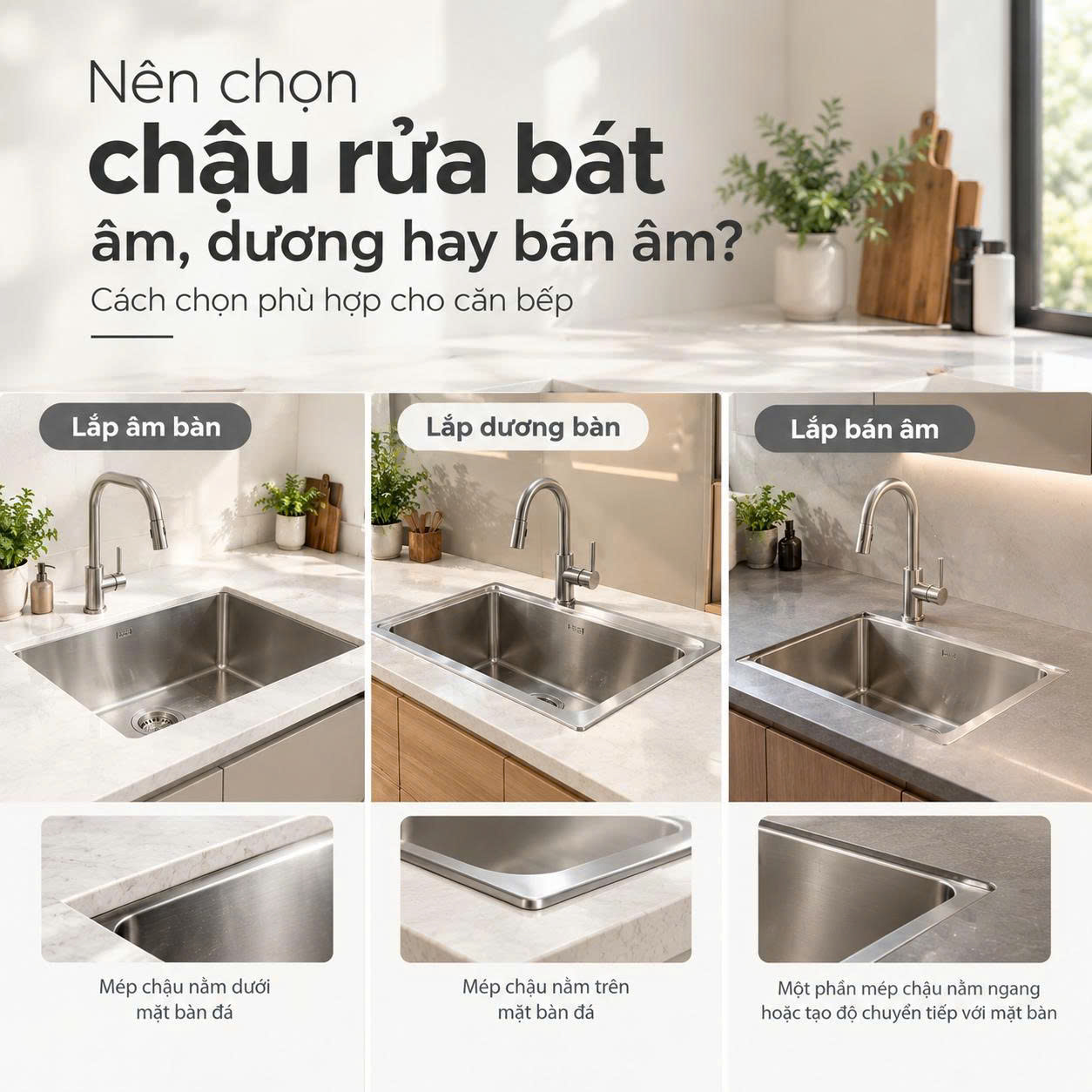 Nên chọn chậu rửa bát lắp âm, lắp dương hay bán âm? Cách chọn phù hợp cho căn bếp