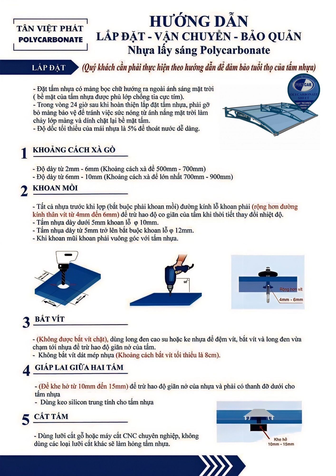 Hướng dẫn thi công-Lắp đặt-Bảo quản tấm polycar ĐẶC