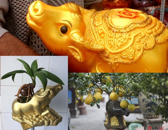 Trâu vàng “cõng” cây dừa, bưởi, thay heo đất giữ tiền độc đáo Tết này