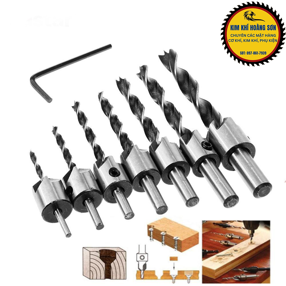 Mũi khoan âm vít gỗ 2 tầng, Bộ 7 mũi khoan gỗ bắt âm mũ vít đầu đinh định tâm kích cỡ 3-10mm chất liệu thép HSS cao cấp