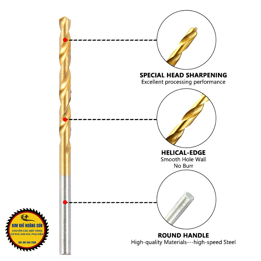 Bộ 19 mũi khoan gỗ và sắt thép HSS màu vàng phủ Titanium, đường kính 1-10mm bảo quản trong hộp sắt