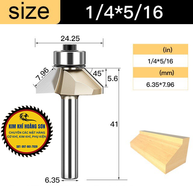 Mũi soi vát chữ V phay gỗ Alu CNC 45 độ có bi Tideway cao cấp cốt bé 6.3mm sử dụng cho máy phay, CNC