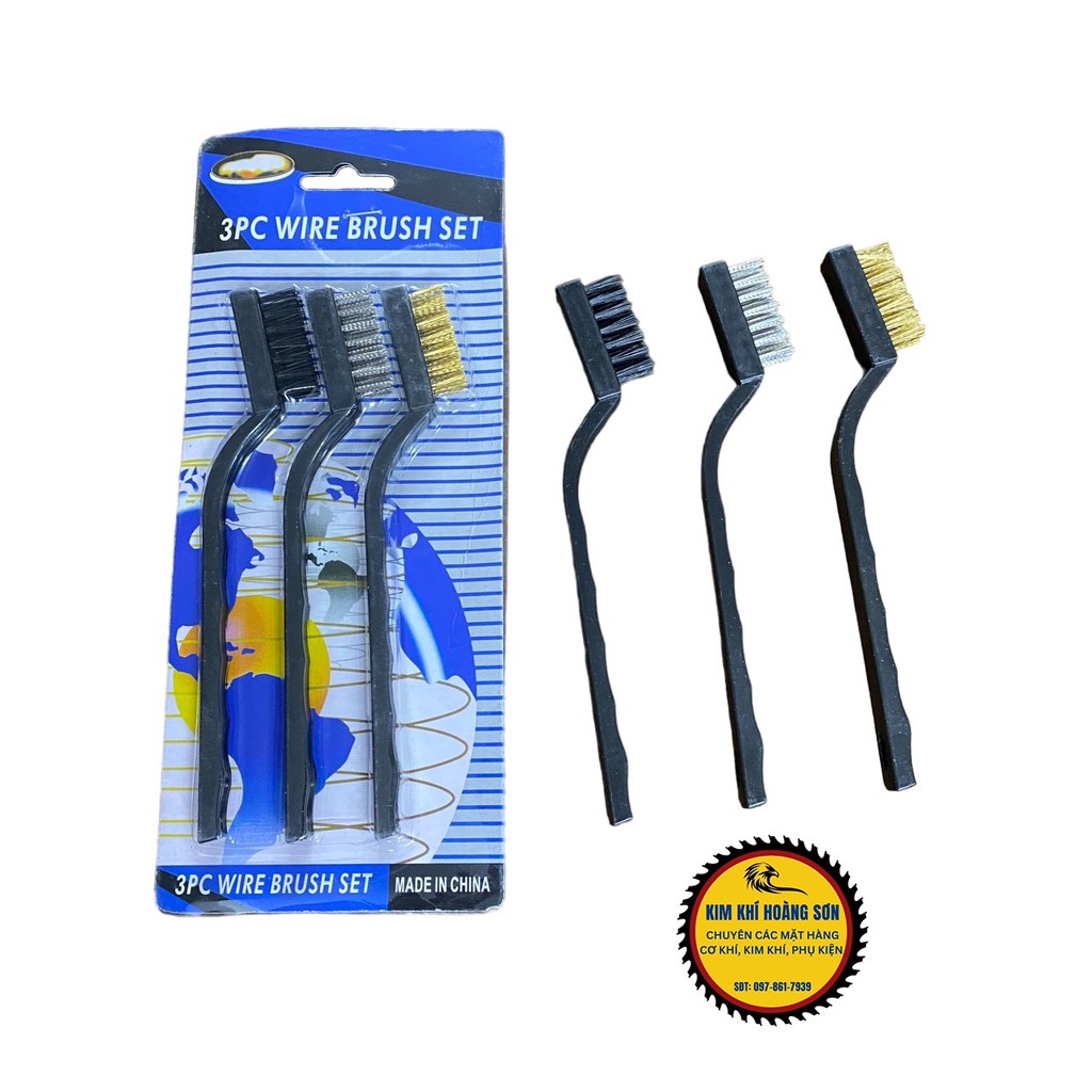 Bộ 3 bàn chải sắt, cước, đồng cán nhựa chiều dài 19cm chuyên đánh rỉ sét vệ sinh động cơ, chi tiết cơ khí