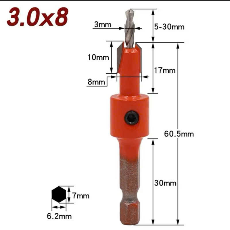 Mũi khoan mồi âm vít gỗ 2 tầng 3mm 4mm chân lục giác, Mũi khoan âm vít chất liệu hợp kim cao cấp