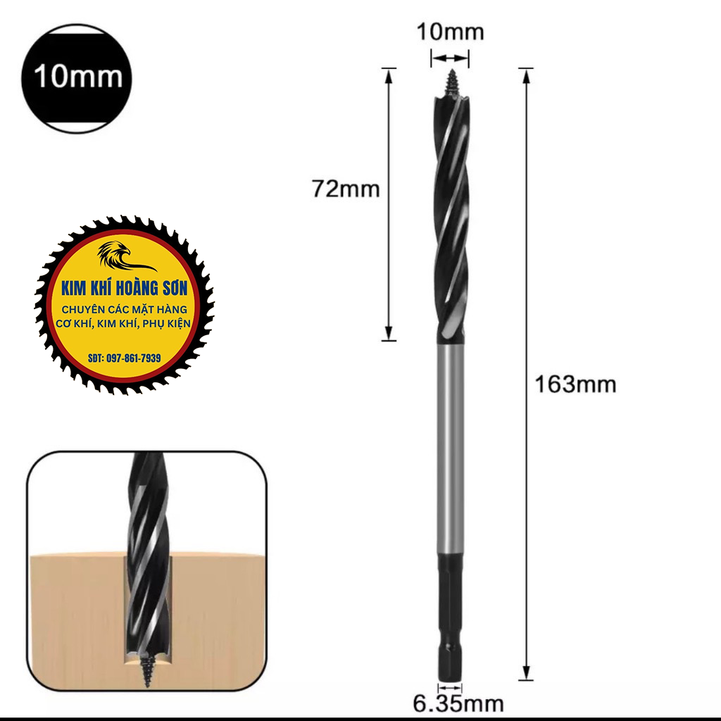 Mũi khoan khoét gỗ lỗ tròn chuôi lục giác dài 165mm đường kính từ 10mm - 35mm có vít xoắn ốc định tâm