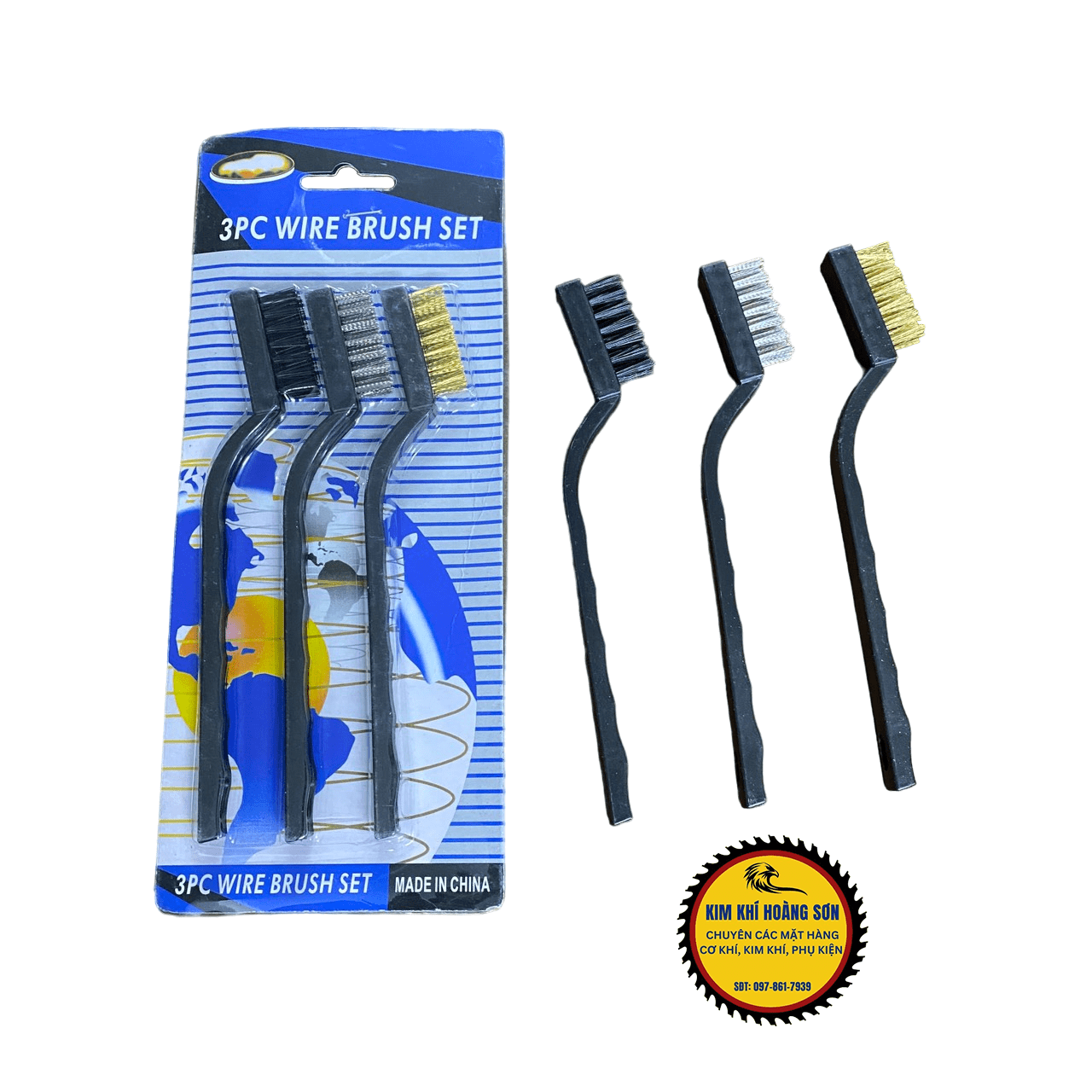 Bộ 3 bàn chải sắt, cước, đồng cán nhựa chiều dài 19cm chuyên đánh rỉ sét vệ sinh động cơ, chi tiết cơ khí