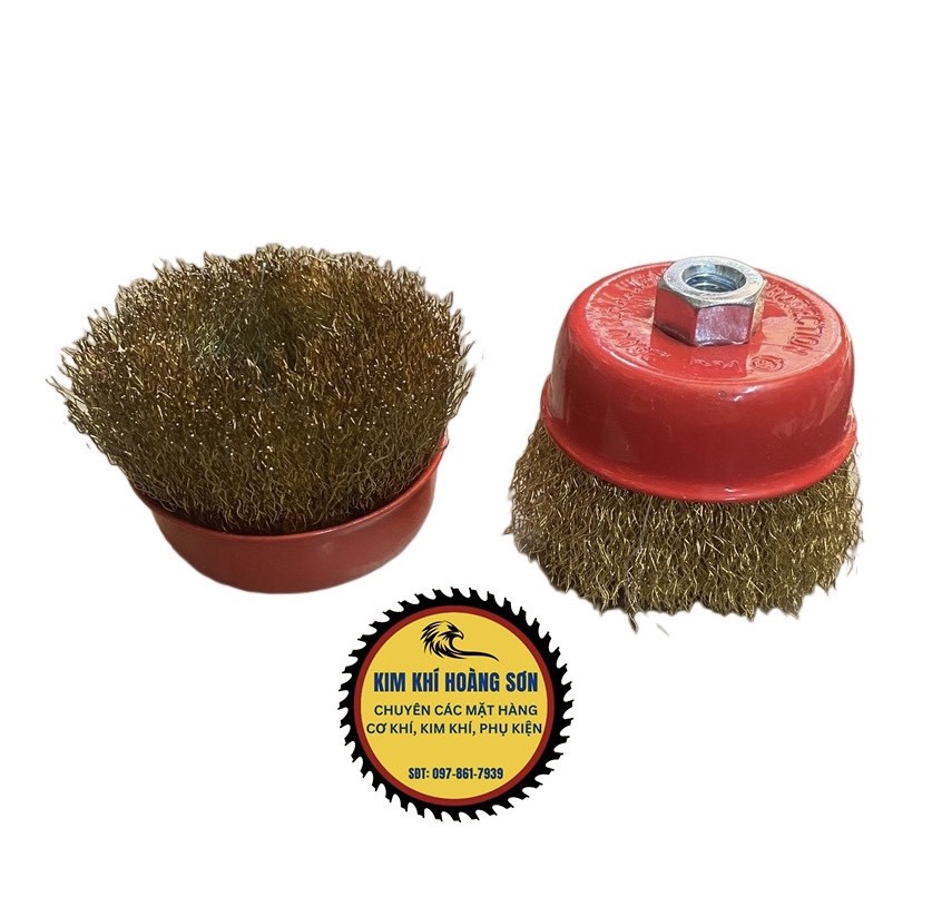 Chổi đánh rỉ sắt, chén cước có ren kích thước 3 inch lỗ trục M10x1.5 lắp máy mài cầm tay tiện dụng