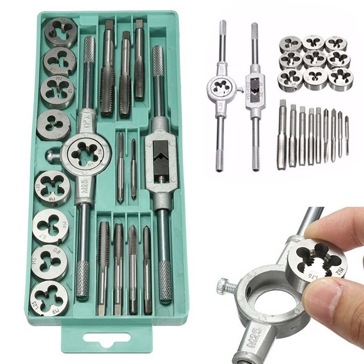 Bộ taro 20 chi tiết tạo ren trong và ren ngoài M3-M12, chất liệu hợp kim siêu cứng gồm tay quay taro