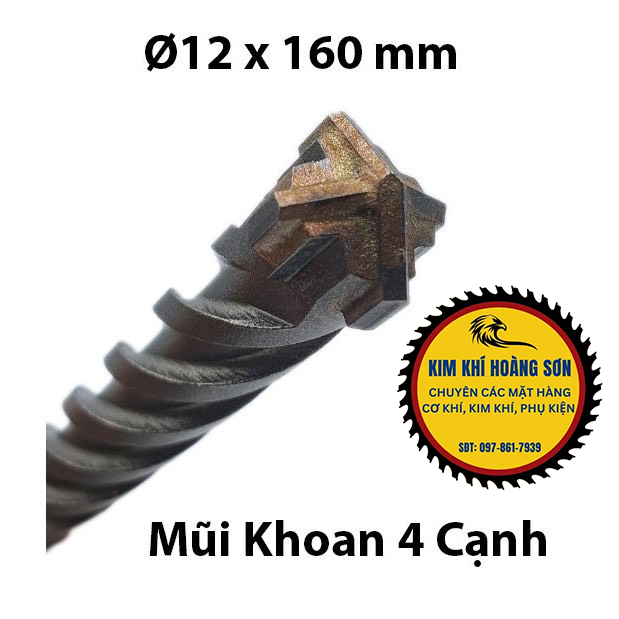 Mũi khoan bê tông tường 4 cạnh kích thước 6 - 12mm x 160mm, Mũi khoan bê tông 4 chấu phủ titanium chịu lực tốt