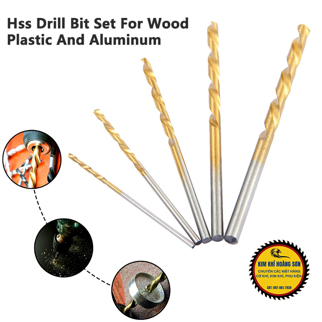 Bộ 19 mũi khoan gỗ và sắt thép HSS màu vàng phủ Titanium, đường kính 1-10mm bảo quản trong hộp sắt