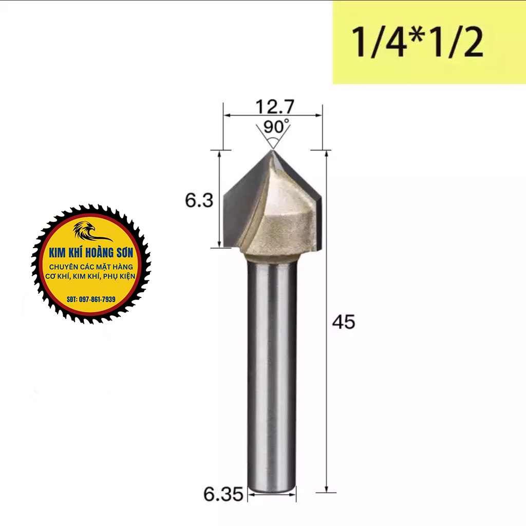 Mũi phay gỗ alu cnc vát 90 độ chữ V không bi Tideway cao cấp cốt chân bé 6.35mm