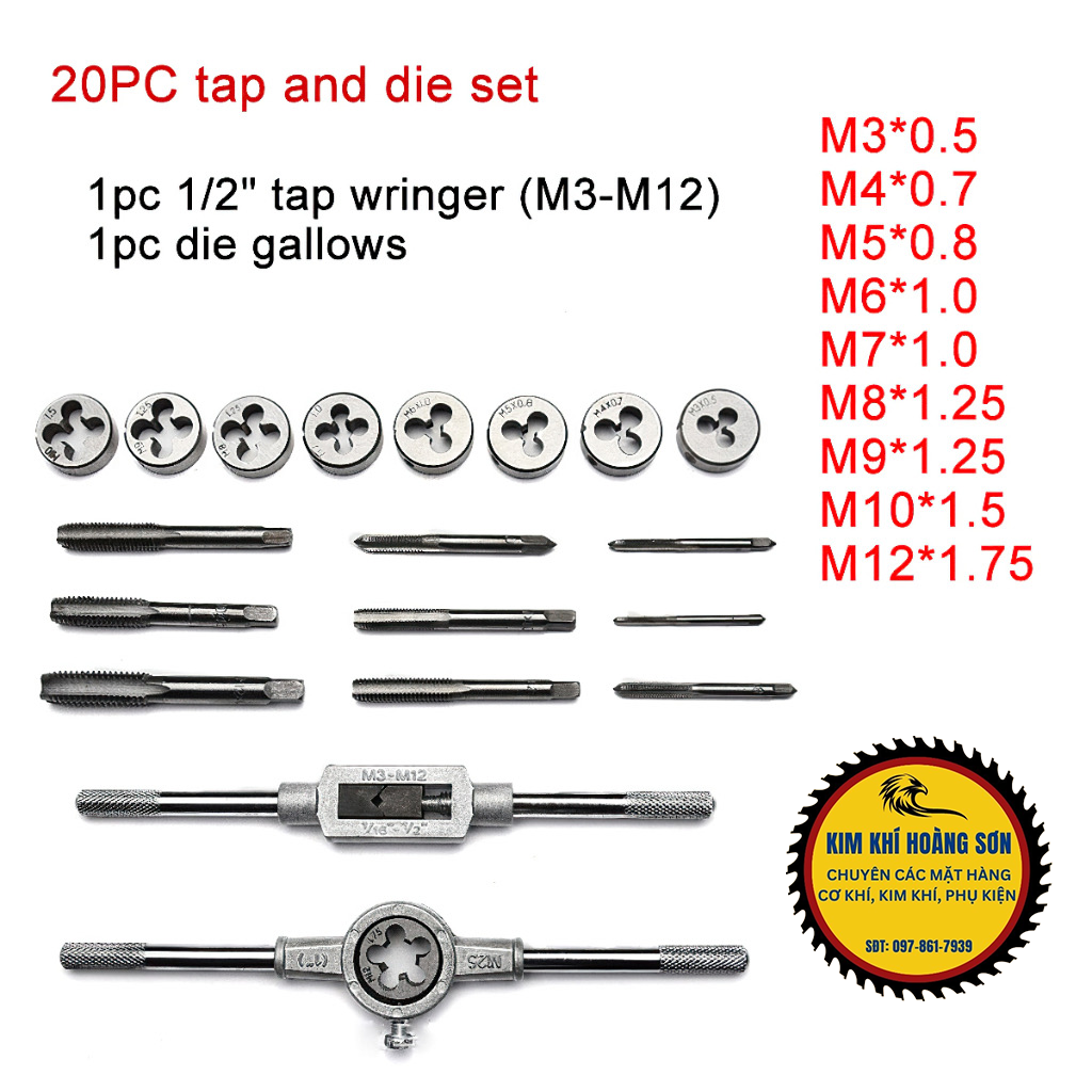 Bộ taro 20 chi tiết tạo ren trong và ren ngoài M3-M12, chất liệu hợp kim siêu cứng gồm tay quay taro