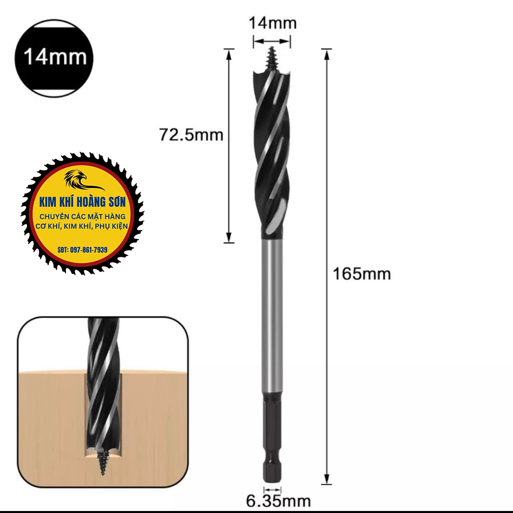 Mũi khoan khoét gỗ lỗ tròn chuôi lục giác dài 165mm đường kính từ 10mm - 35mm có vít xoắn ốc định tâm