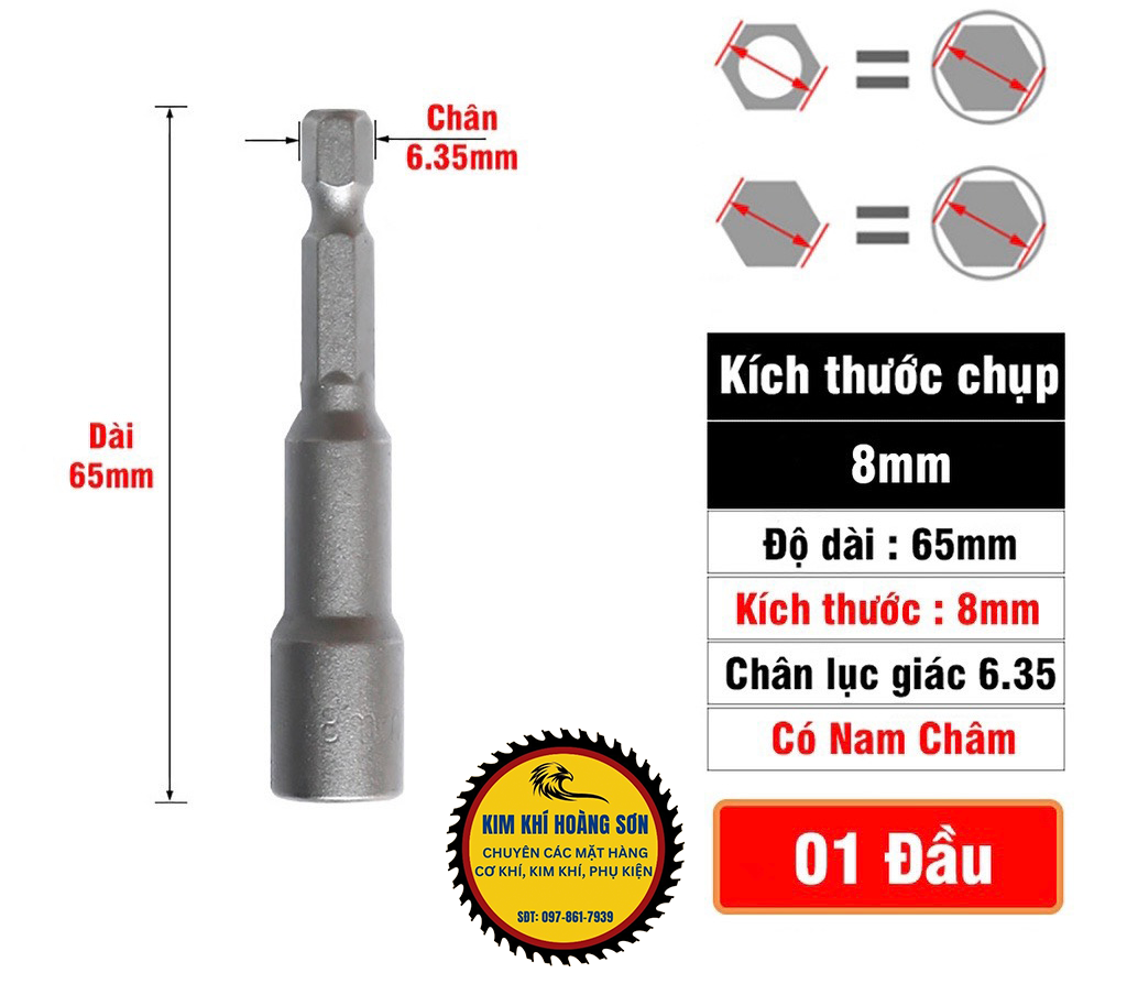 Đầu chụp bulong, Đầu bắn vít tôn 8mm dài, ngắn chuôi lục giác 6.35mm có nam châm cố định, thông dụng