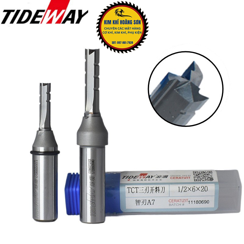 Mũi phay CNC cắt gỗ, Dao phay 3 cánh thẳng TCT Tideway cốt trục 12.7mm chất liệu hợp kim C45 cao cấp