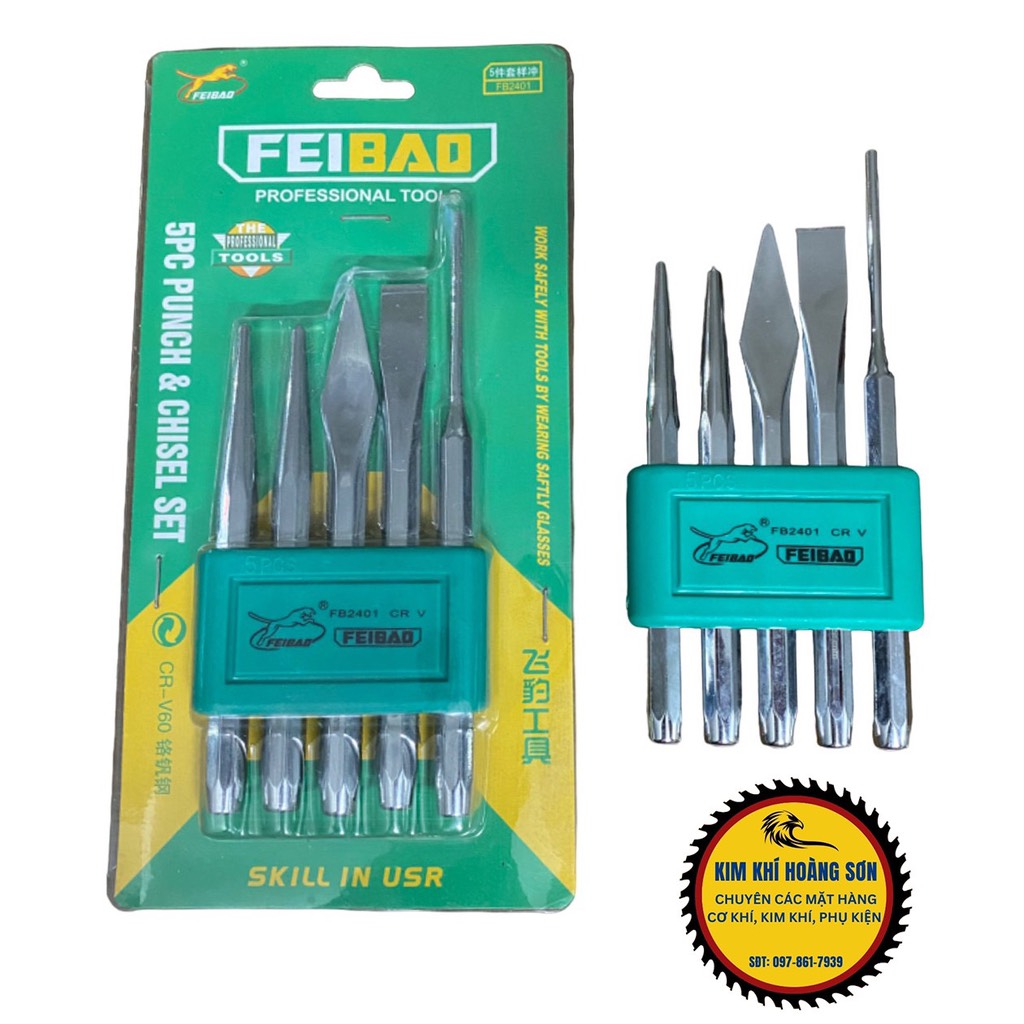 Bộ đột sắt, đục sắt FEIBAO 5 chi tiết chất liệu bằng thép CR-V60 cao cấp dùng trong ngành cơ khí