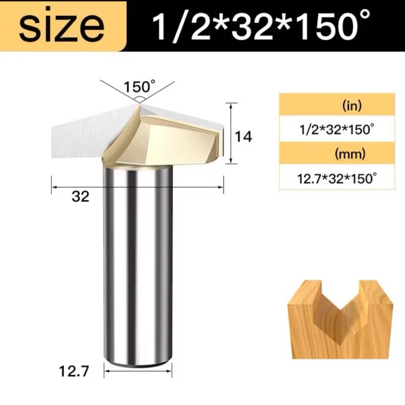 Mũi phay cnc gỗ 150 độ chữ V alu không bi Tideway cao cấp cốt trục 12.7mm