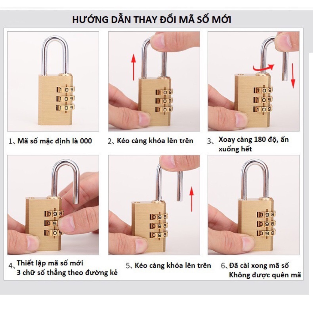 Ổ khóa 3 mã số xoay mini chất liệu đồng thau, khóa vali, khóa balo, khóa tủ không cần chìa bền chắc