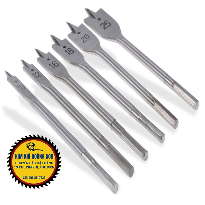 Vỉ 6 mũi khoét gỗ đuôi cá đường kính 10mm - 25mm  dài 150mm có đầu định tâm, hợp kim cao cấp siêu bền chuyên dụng cho ngành mộc