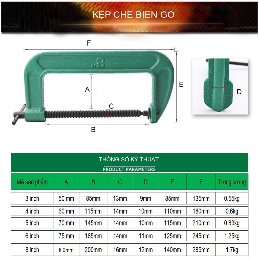 Vam kẹp gỗ Feibao dày dặn size từ 3" - 8" dùng kẹp nhôm kính, đồ mộc gỗ, Cảo chữ C hàng xanh xịn