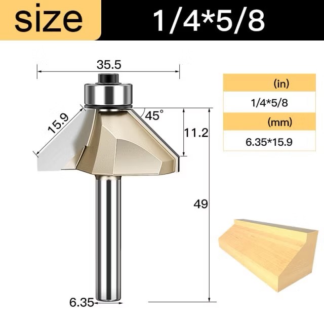 Mũi soi vát chữ V phay gỗ Alu CNC 45 độ có bi Tideway cao cấp cốt bé 6.3mm và cốt to 12.7mm sử dụng cho máy phay, máy CNC